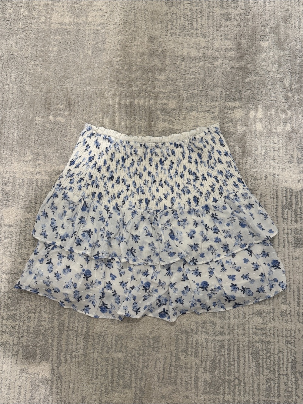 White & Blue Floral Smocked Ruffle Mini Skirt